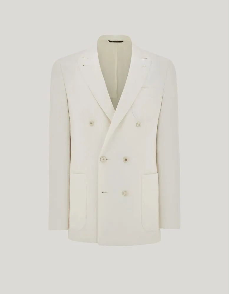 White linen and silk blend double-breasted Kei jacket with a modern fit