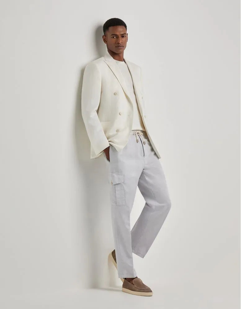 White linen and silk blend double-breasted Kei jacket with a modern fit