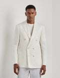 White linen and silk blend double-breasted Kei jacket with a modern fit