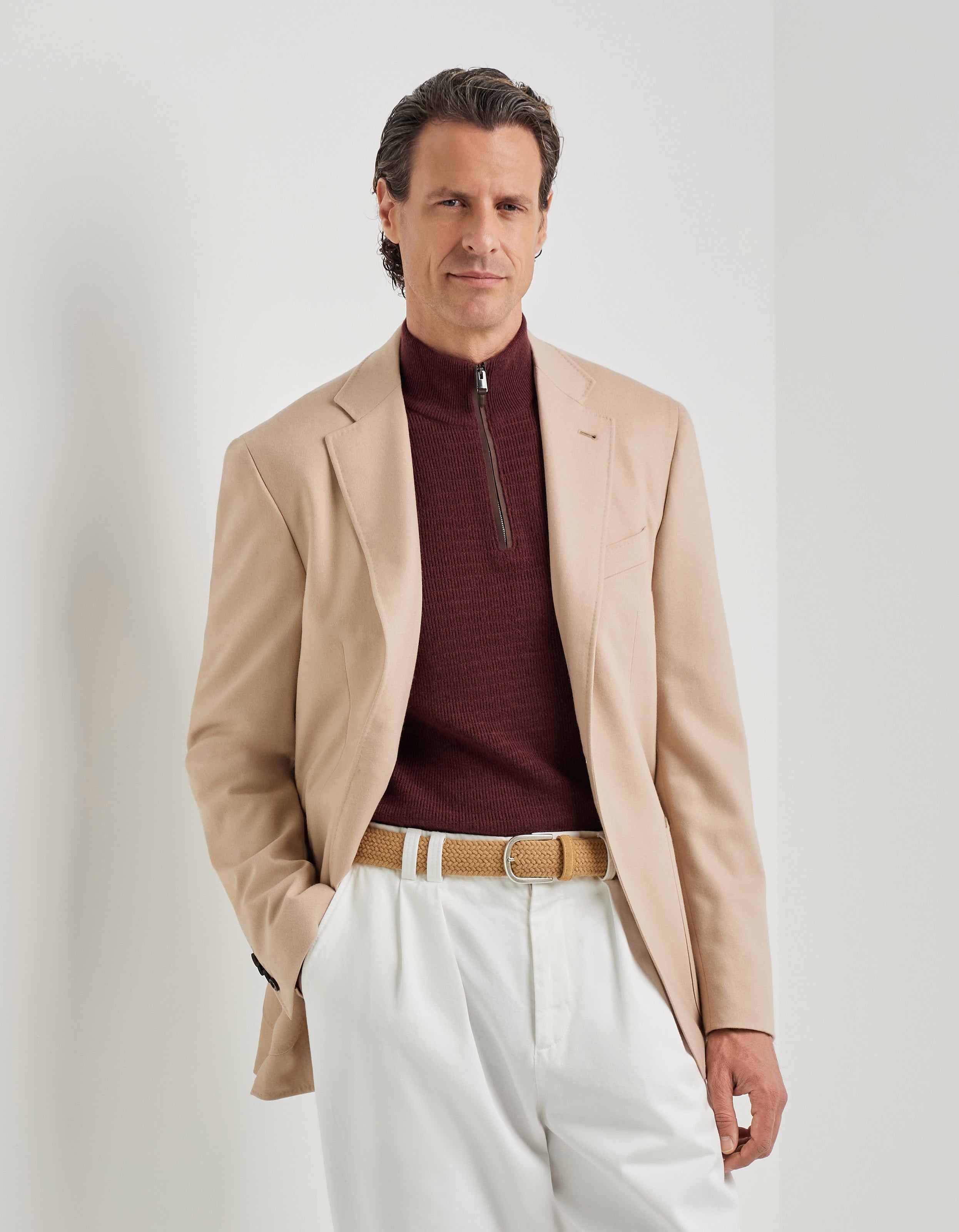 Beige woven leather and wool belt