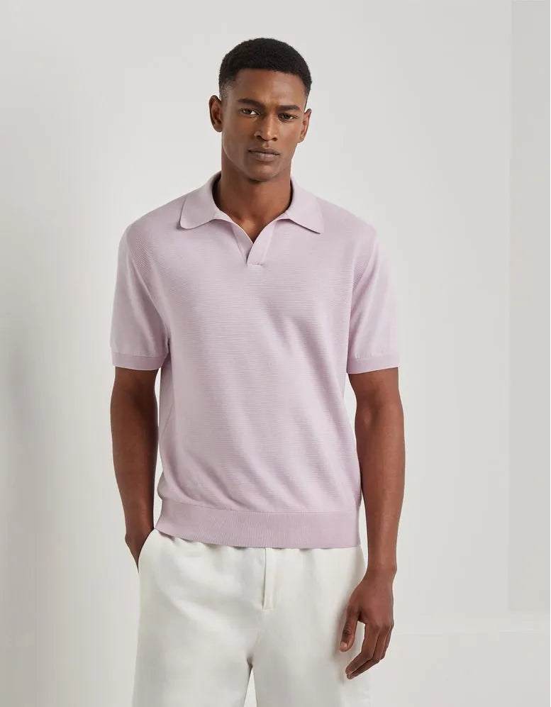 Short-sleeved pink cotton and silk polo shirt, regular fit