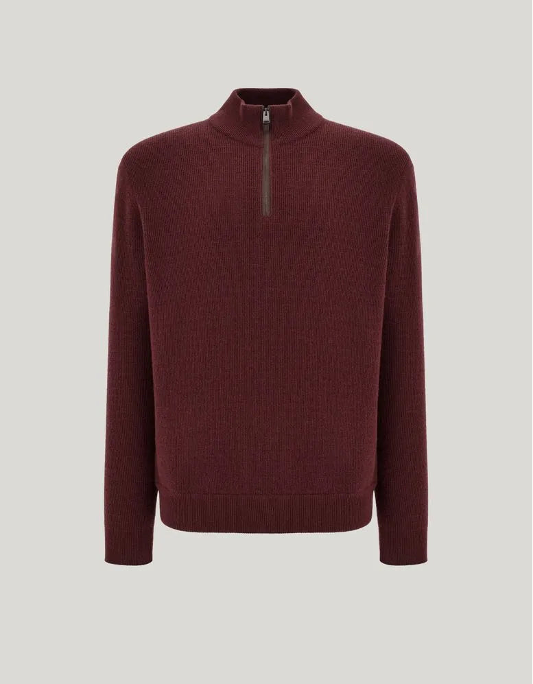 Burgundy wool and cashmere zip-up polo shirt with nubuck details