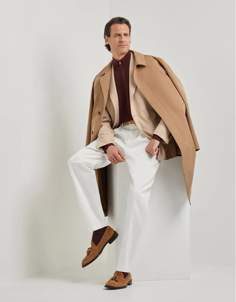 Burgundy wool and cashmere zip-up polo shirt with nubuck details