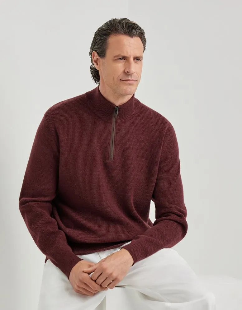 Burgundy wool and cashmere zip-up polo shirt with nubuck details