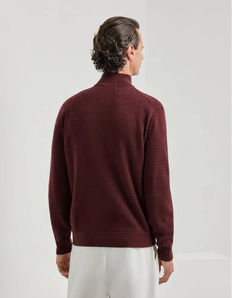 Burgundy wool and cashmere zip-up polo shirt with nubuck details