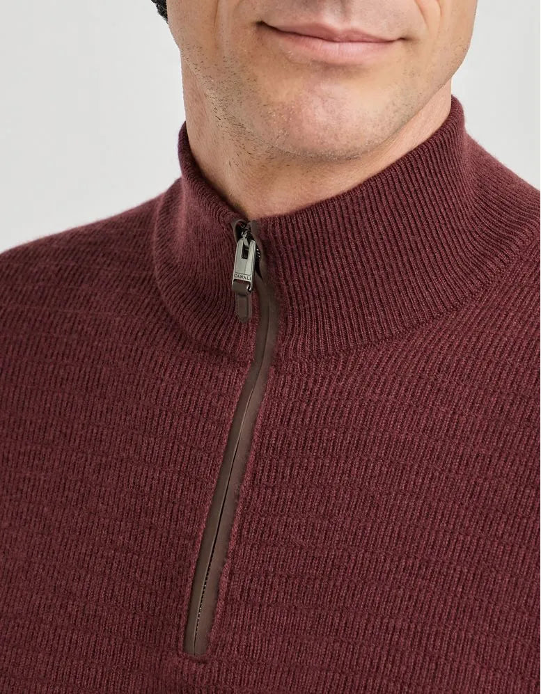 Burgundy wool and cashmere zip-up polo shirt with nubuck details