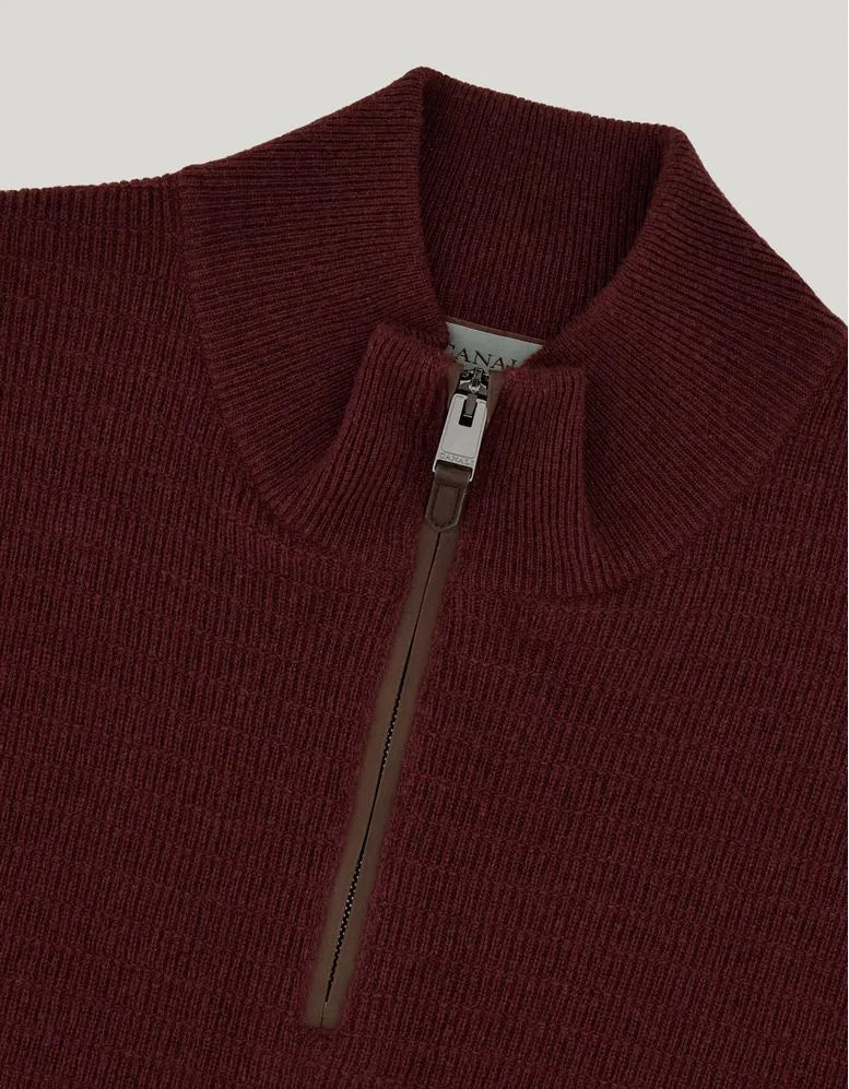 Burgundy wool and cashmere zip-up polo shirt with nubuck details