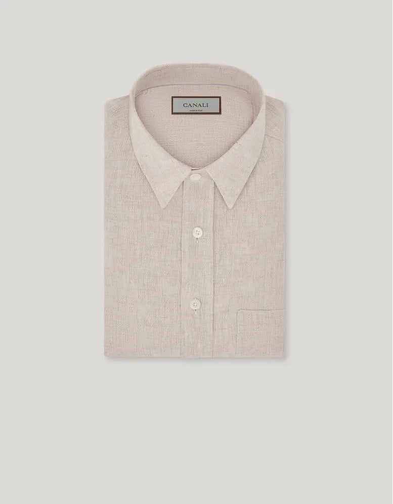 Beige relaxed-fit linen shirt with chest pocket