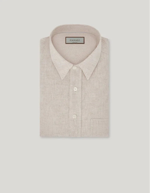 Beige relaxed-fit linen shirt with chest pocket