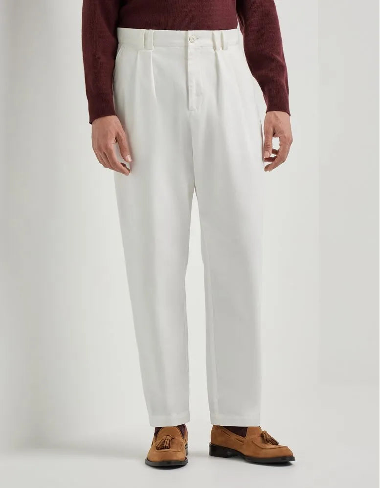 White cotton gabardine twin-pleat trousers
