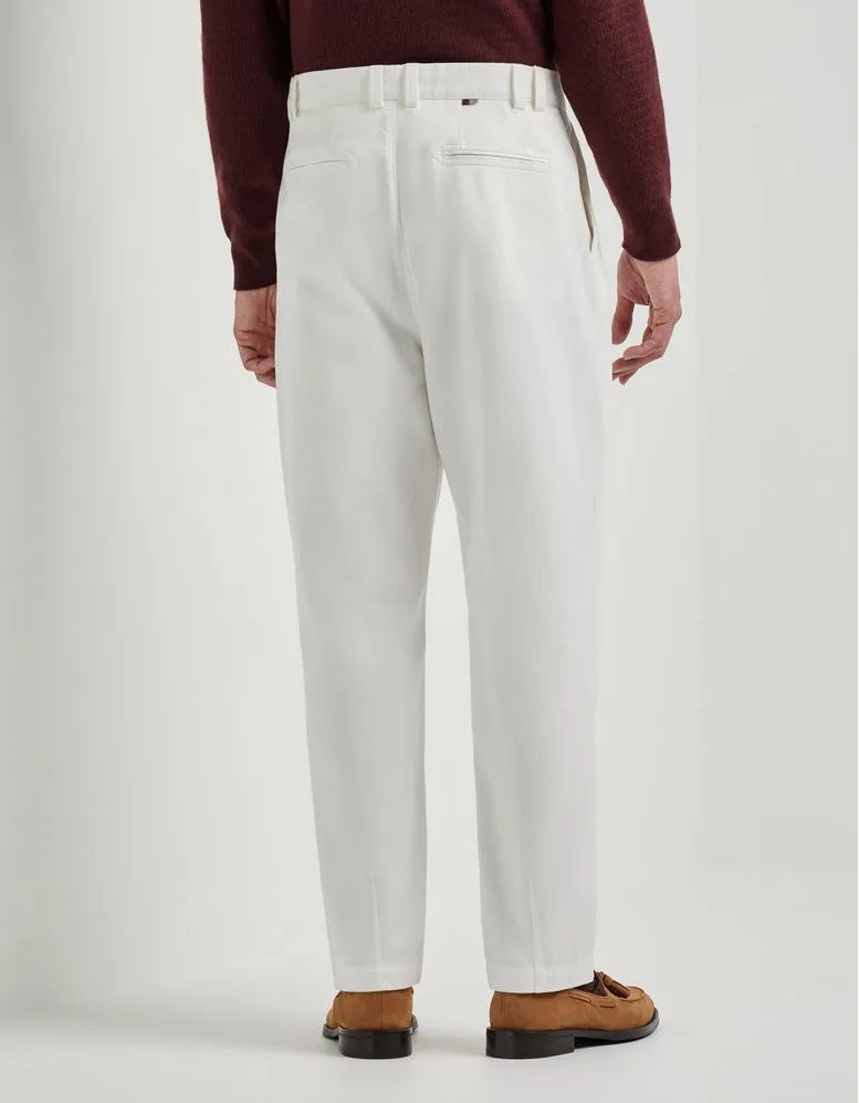 White cotton gabardine twin-pleat trousers